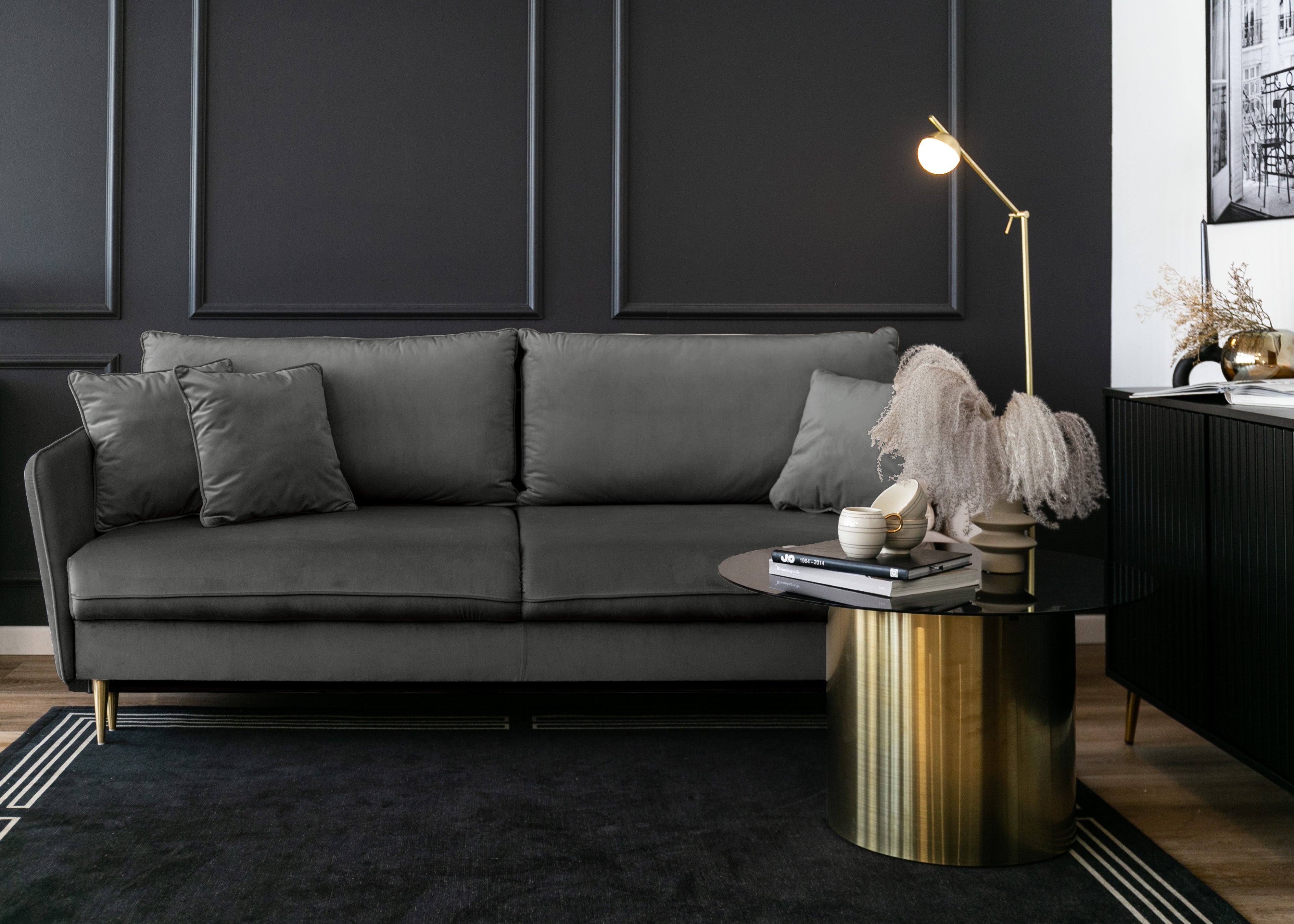 selsey-volio-dreisitziges-sofa-ausklappbar-grau-samt-wasserabweisend-goldbeine image 2