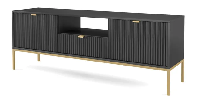 selsey-vellore-tv-schrank-154-cm-schwarz-mit-gerillten-fronten-und-goldenem-gest image 1
