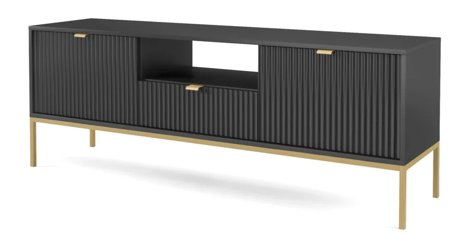 selsey-vellore-tv-schrank-154-cm-schwarz-mit-gerillten-fronten-und-goldenem-gest image 1