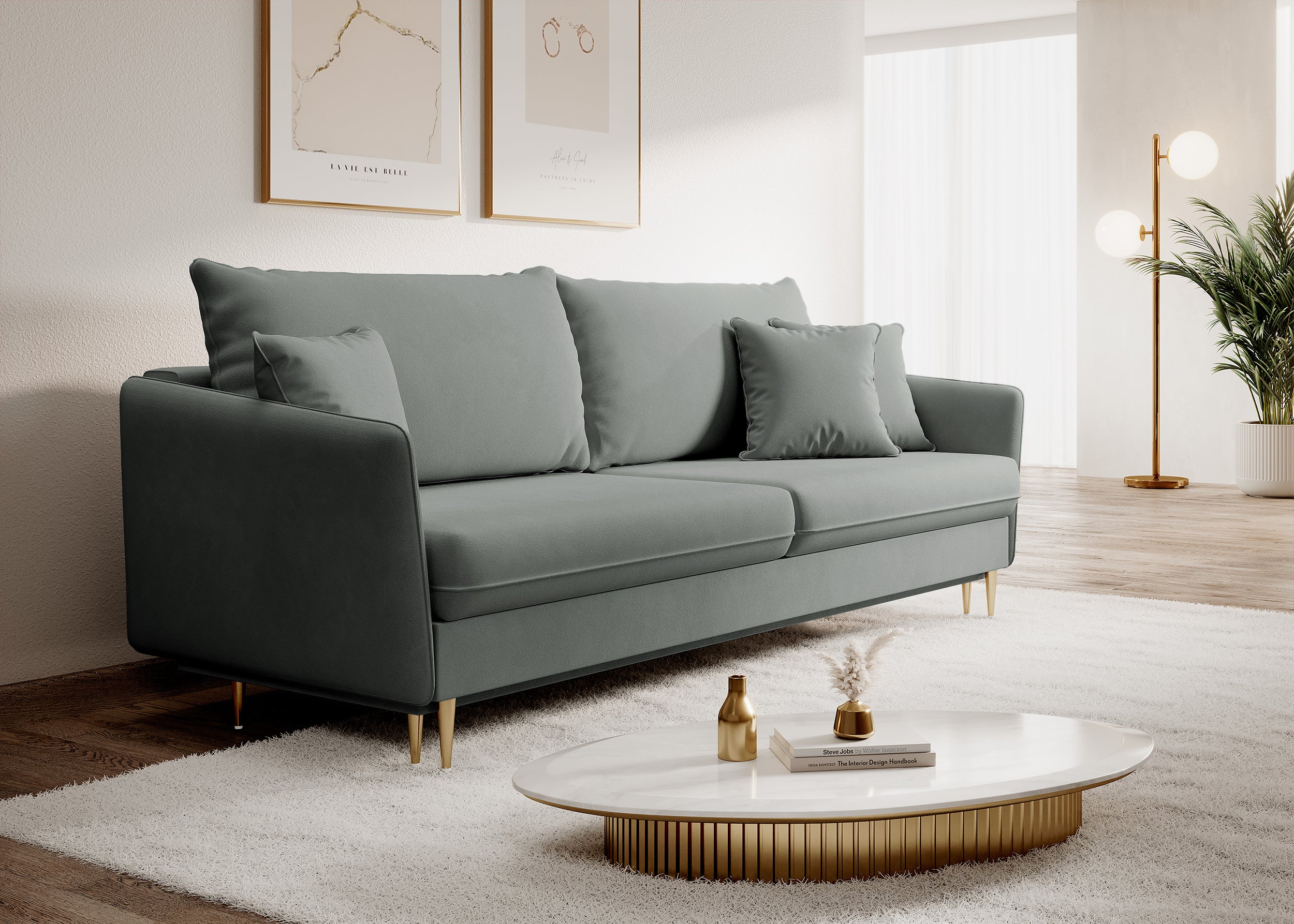 selsey-volio-dreisitziges-sofa-ausklappbar-grau-samt-wasserabweisend-goldbeine image 3
