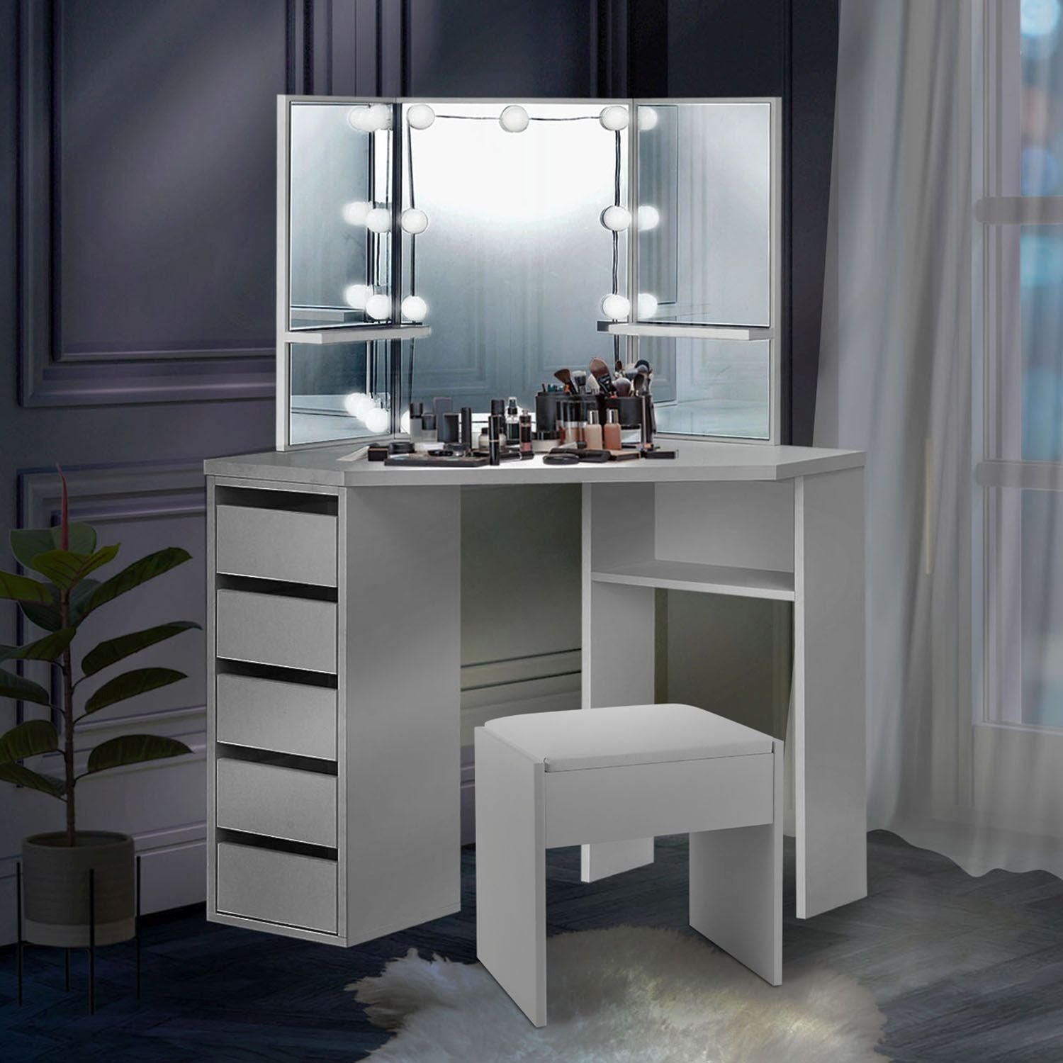 juskys-nova-schminktisch-mit-hocker-melly-eck-kosmetiktisch-mit-led-spiegel image 2