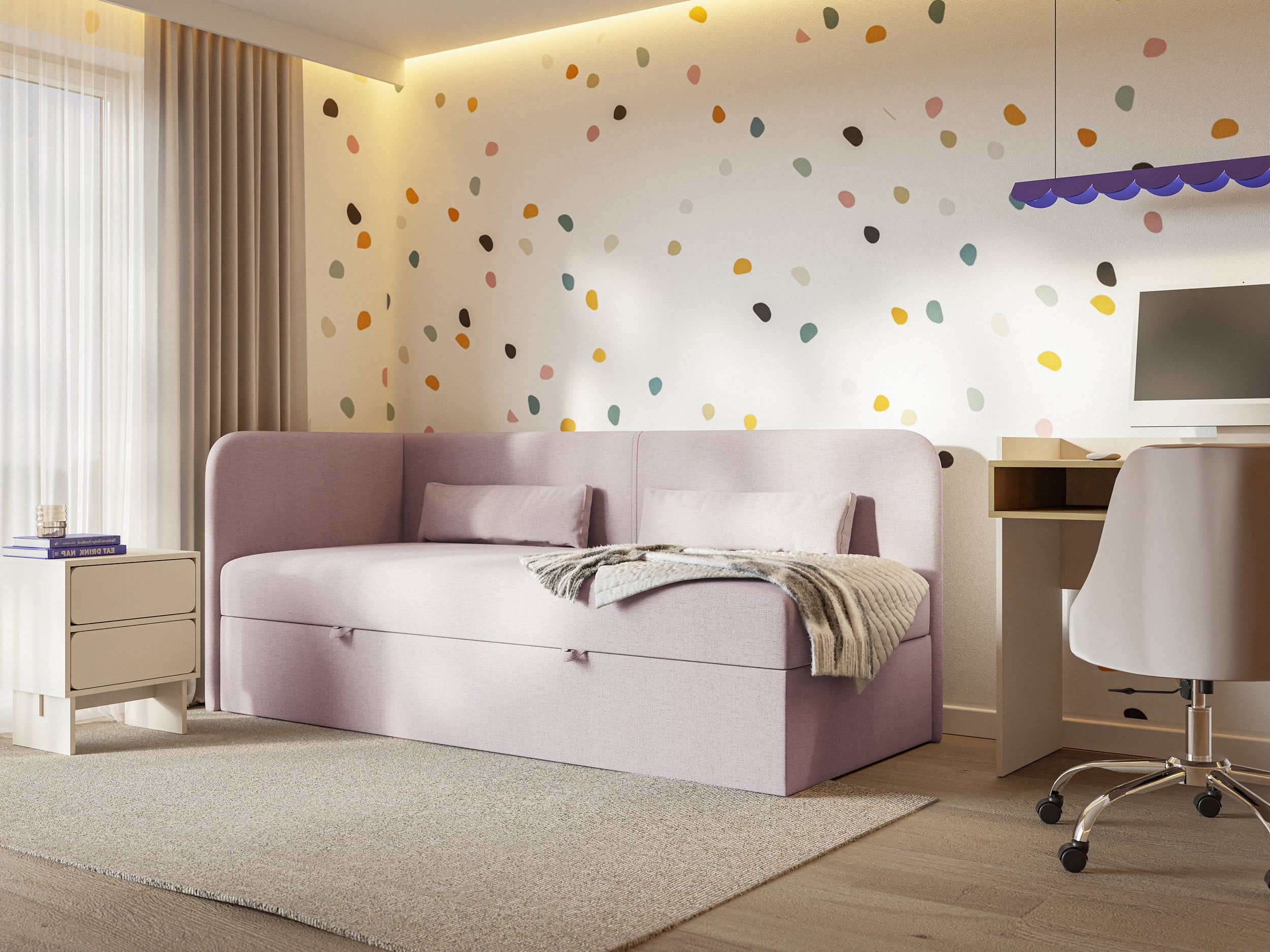 selsey-calmmo-jugendbett-90x200-cm-links-mit-stauraum-rosa-hydrophobe-chenille image 4