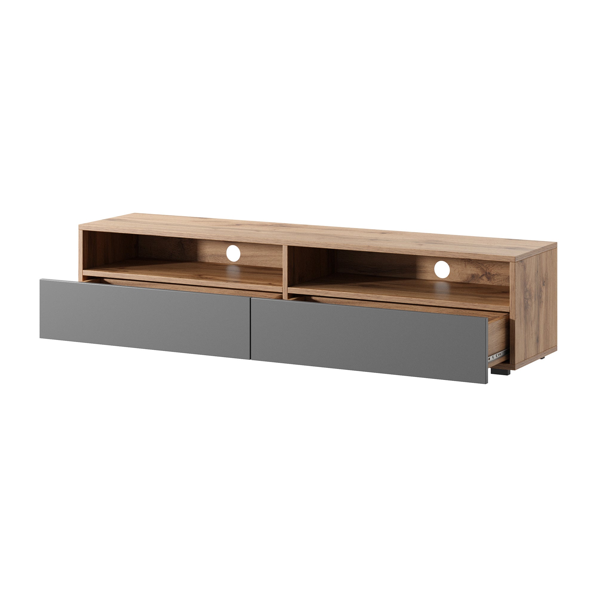 selsey-rednaw-tv-schrank-140-cm-mit-zwei-schubladen-wotan-eiche-grauer-hochglanz image 7