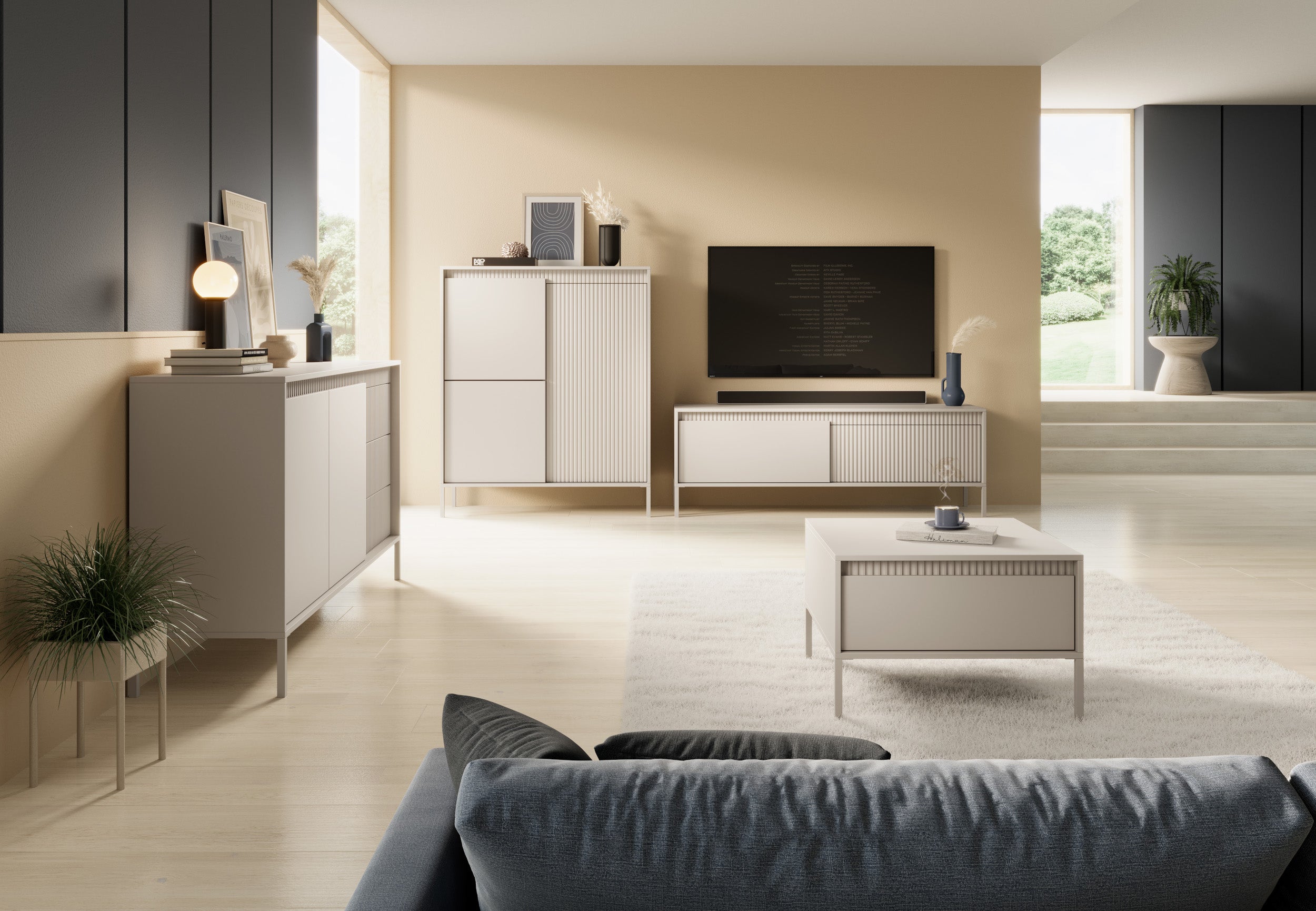 selsey-falsetto-hohe-kommode-mit-3-t-ren-und-gerillten-fronten-104-cm-beige image 2