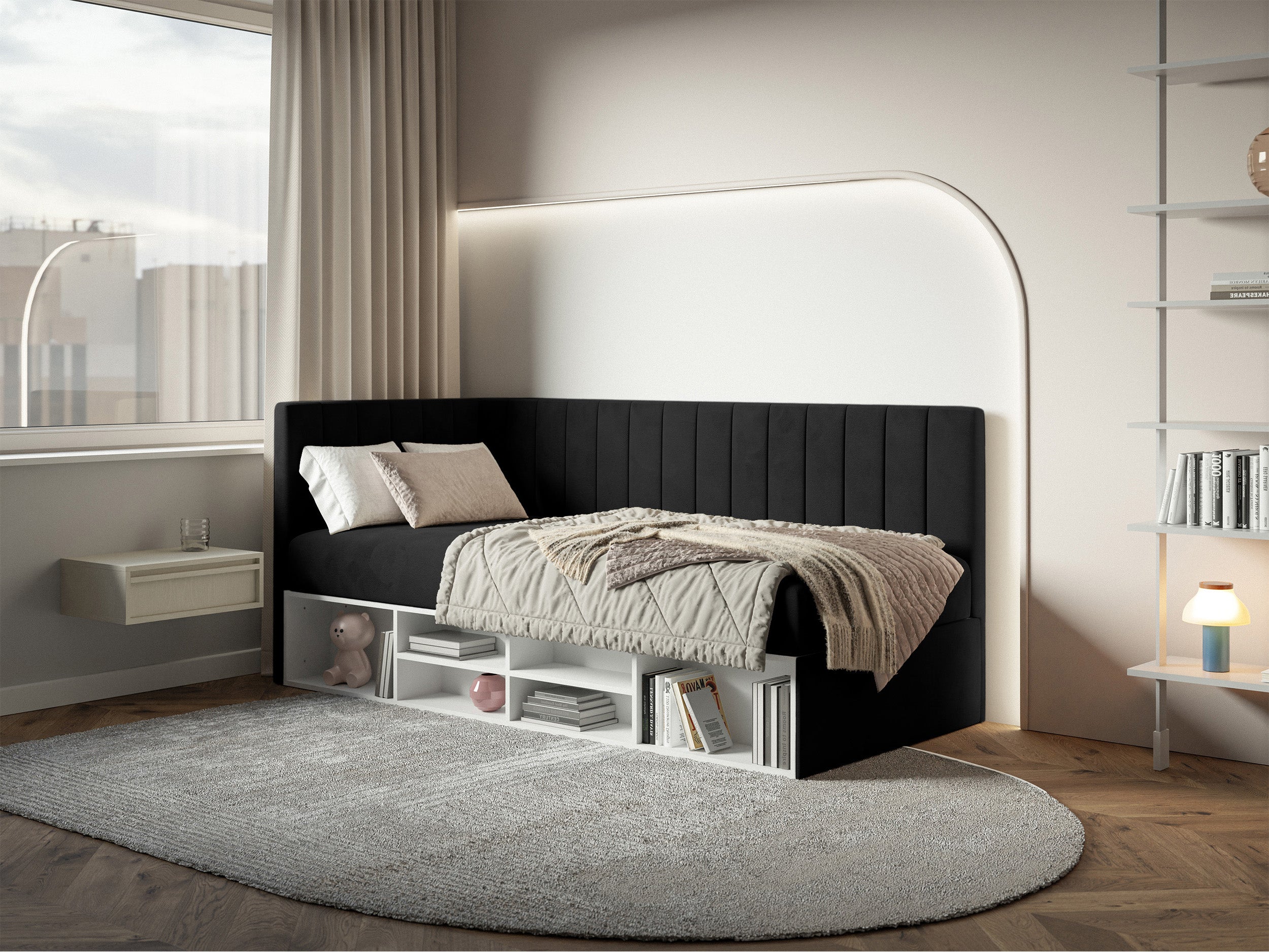 selsey-ventrio-jugendbett-90x200-cm-links-mit-stauraum-und-regalen-schwarzer-vel image 3