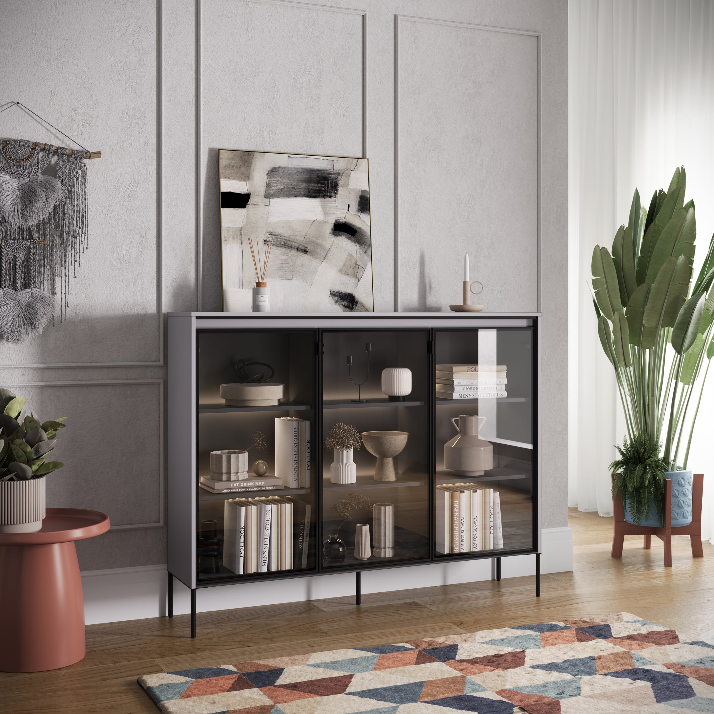 selsey-trend-dreht-renschrank-vitrine-150-cm-mit-led-grau image 2