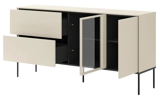 selsey-sideboard-bellezo-166-cm-einfl-gelig-mit-led-vitrine-und-2-schubladen-cre image 1