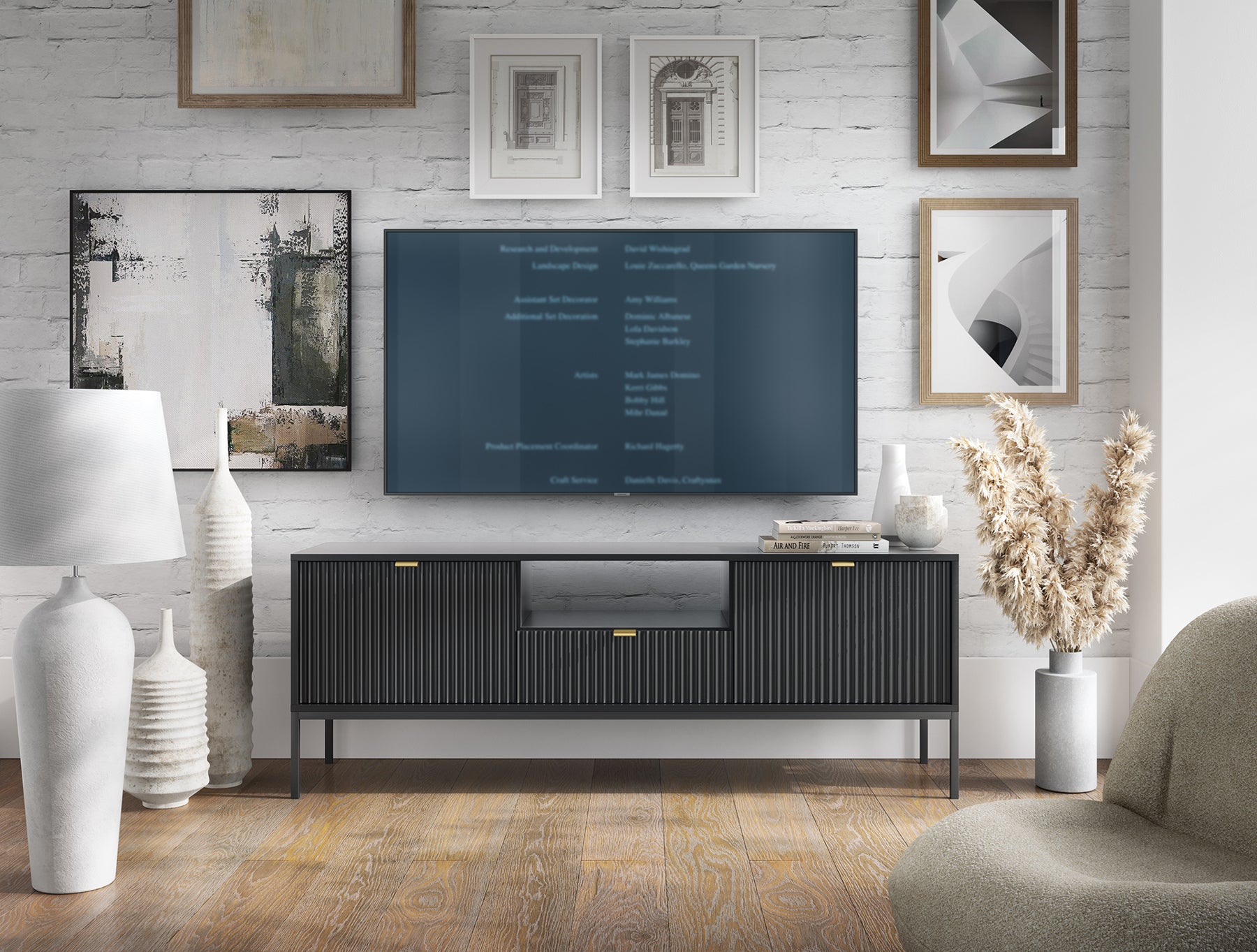 selsey-vellore-tv-schrank-154-cm-schwarz-mit-gerillten-fronten-und-goldenen-grif image 2