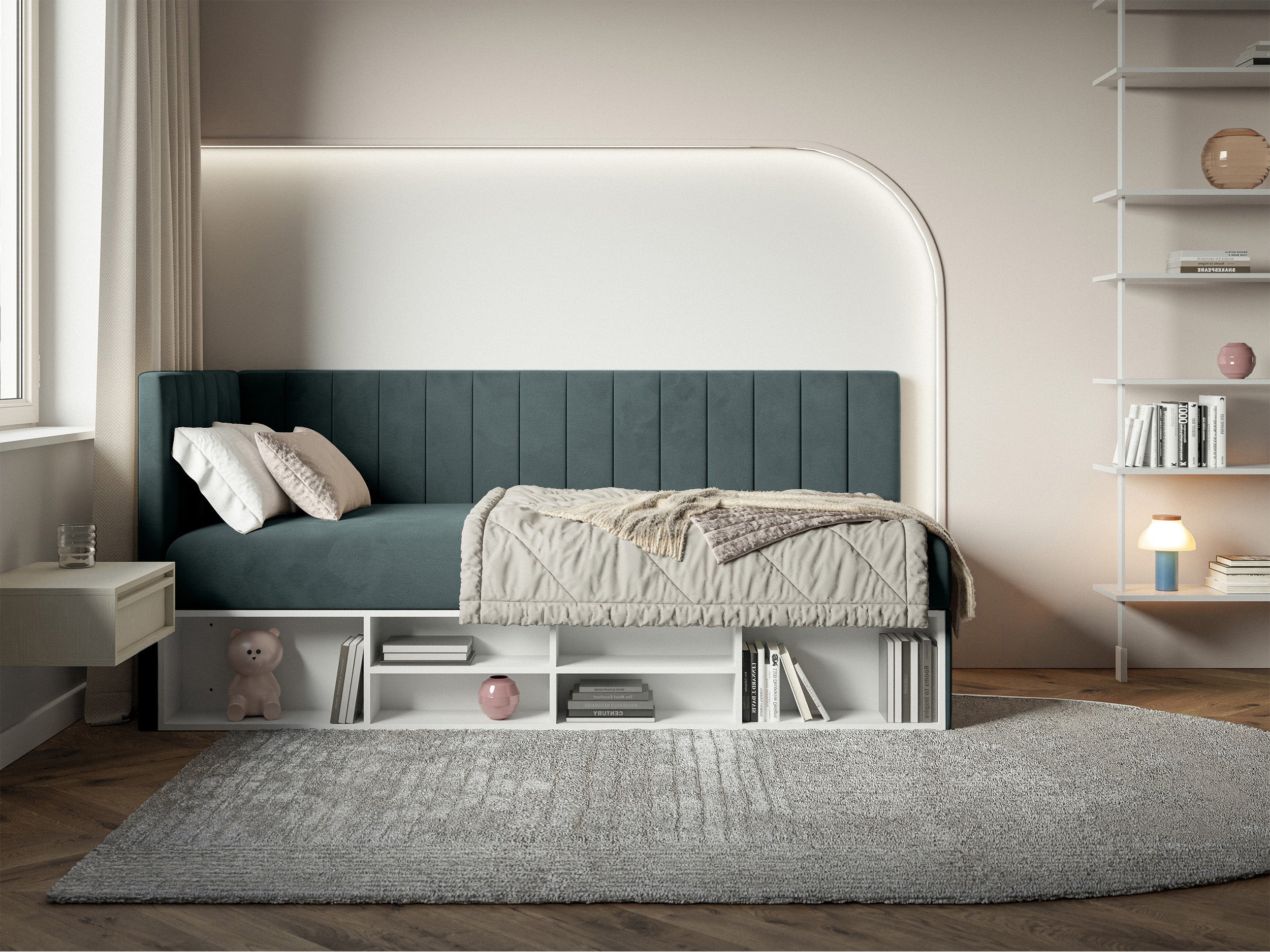 selsey-ventrio-jugendbett-90x200-cm-links-mit-stauraum-blau-grau-velours image 2