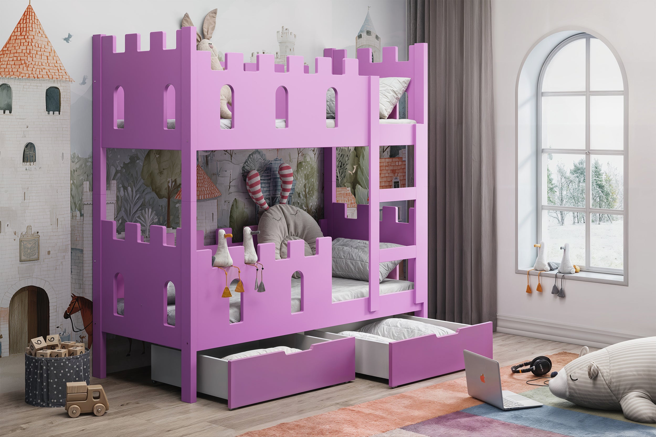 selsey-castelo-etagenbett-75x180-cm-mit-matratzen-und-schubladen-rosa image 3
