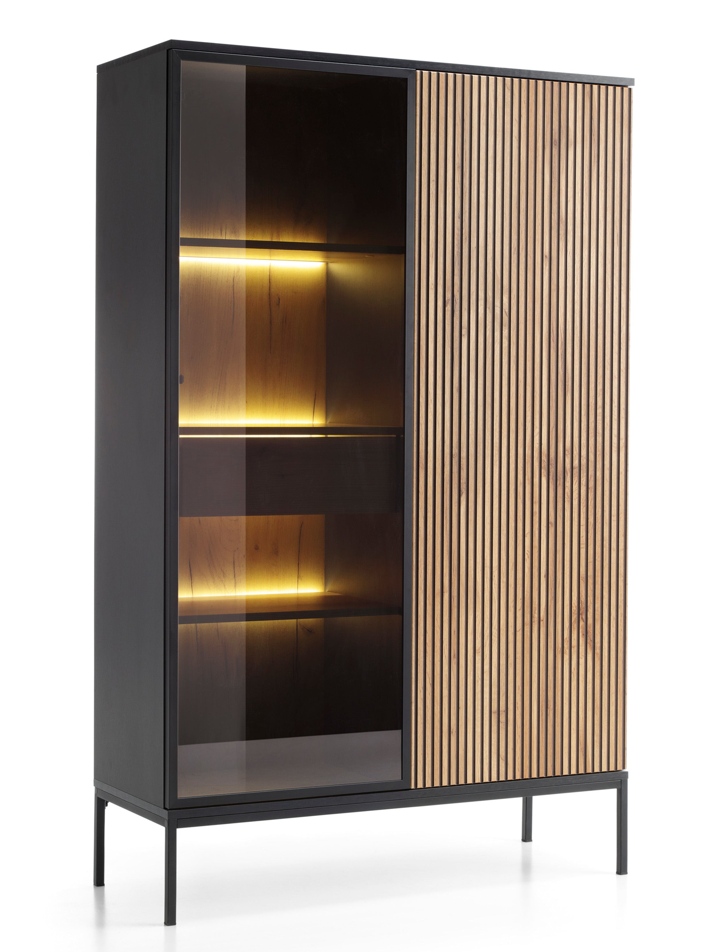selsey-tosena-hohe-vitrine-104-cm-schwarz-wotan-eiche-mit-led image 1